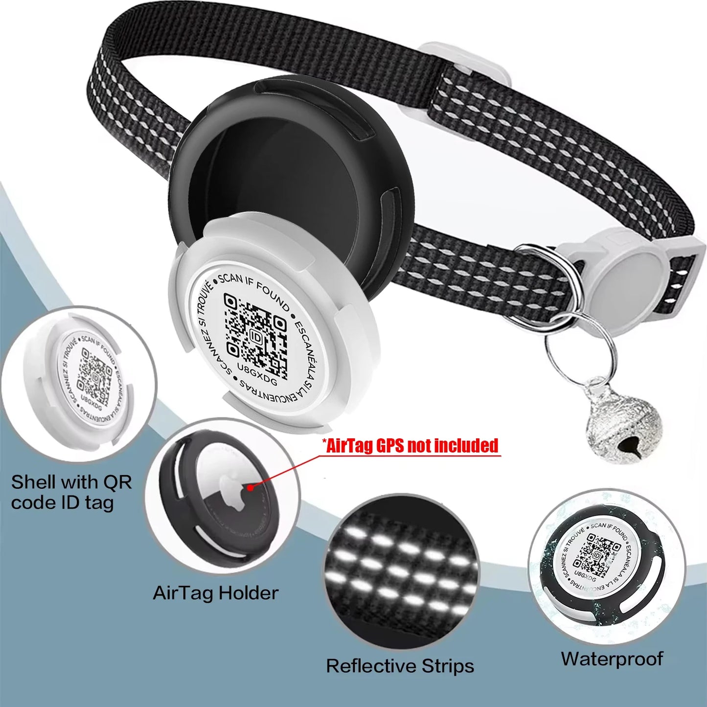 GPS Tracker Cat Collar with Airtag Case & QR ID Tag Dual Protection Reflective Kitten Collar for Cats Gatos Puppy Air Tag Cats