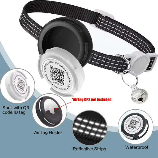 GPS Tracker Cat Collar with Airtag Case & QR ID Tag Dual Protection Reflective Kitten Collar for Cats Gatos Puppy Air Tag Cats