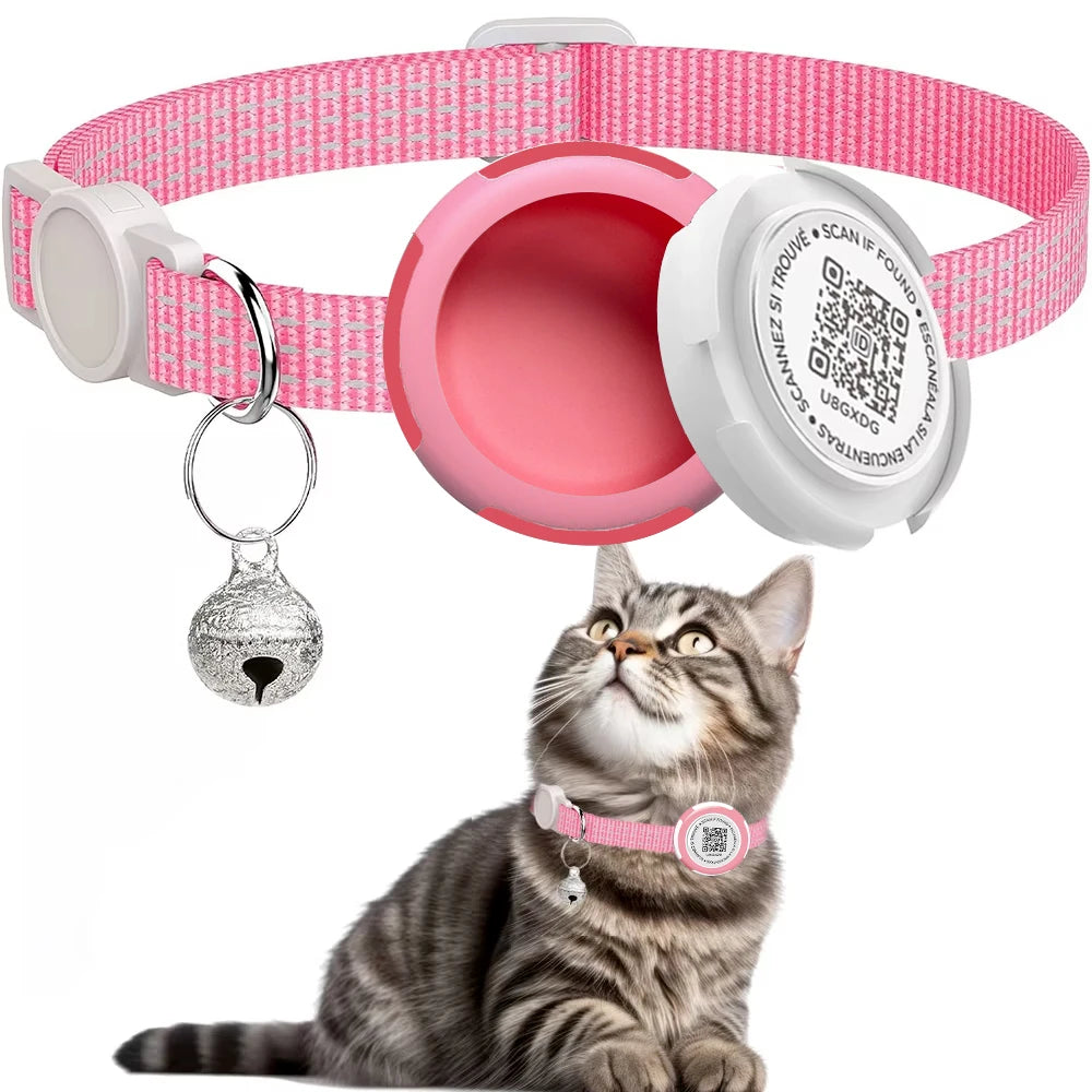 GPS Tracker Cat Collar with Airtag Case & QR ID Tag Dual Protection Reflective Kitten Collar for Cats Gatos Puppy Air Tag Cats