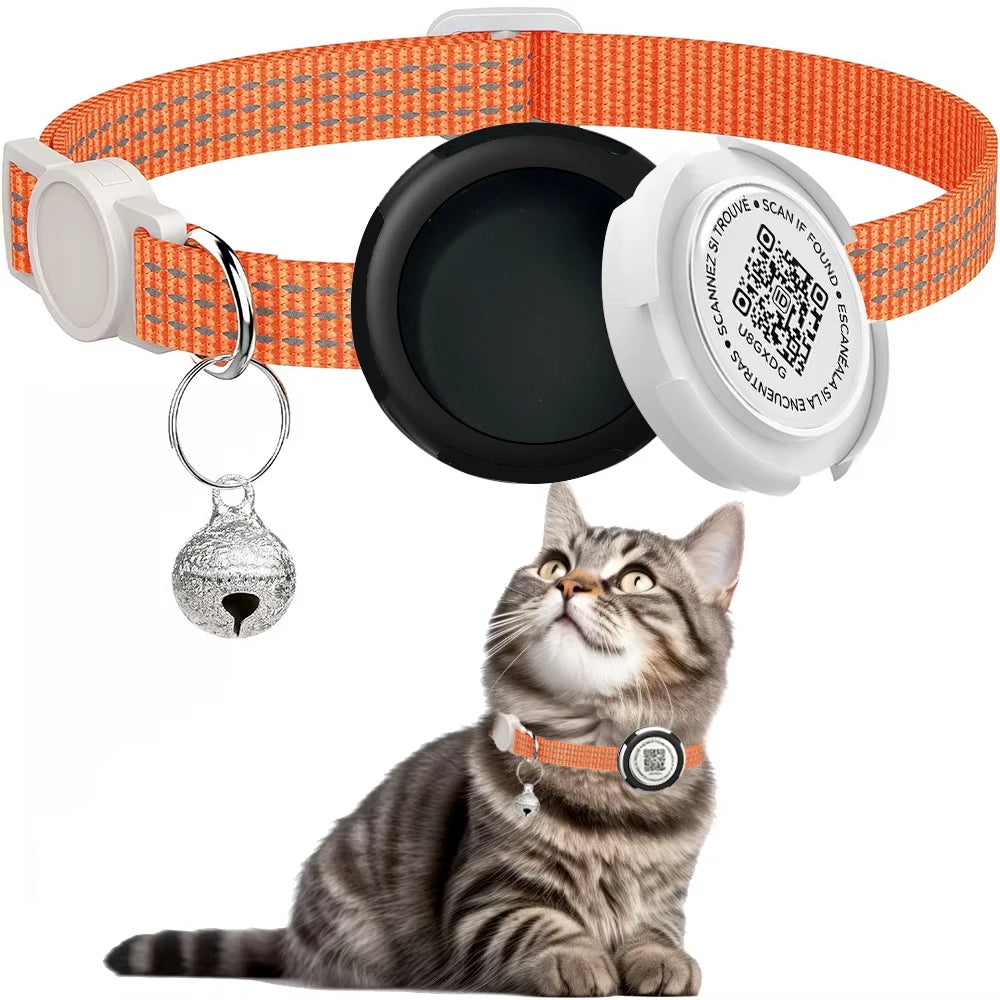 GPS Tracker Cat Collar with Airtag Case & QR ID Tag Dual Protection Reflective Kitten Collar for Cats Gatos Puppy Air Tag Cats